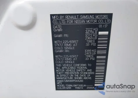 2017 Nissan Rogue Sv z USA, uszkodzony, nr VIN KNMAT2MV6HP544261